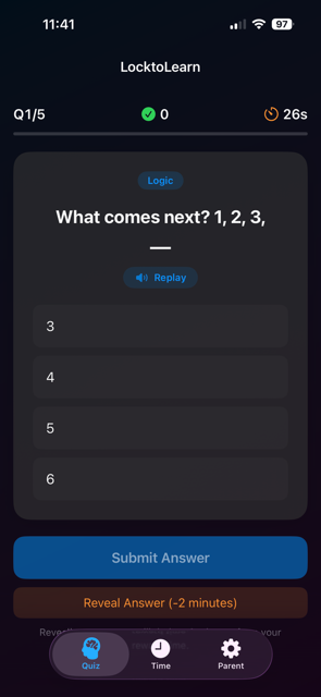 Quiz screen with a logic question, multiple-choice answers, and a timer.