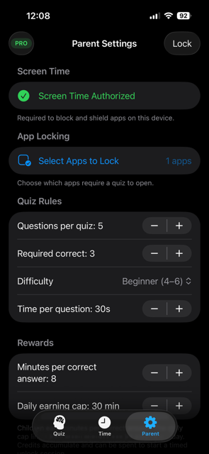 Parent settings — Screen Time authorisation, app locking, quiz rules, and rewards.