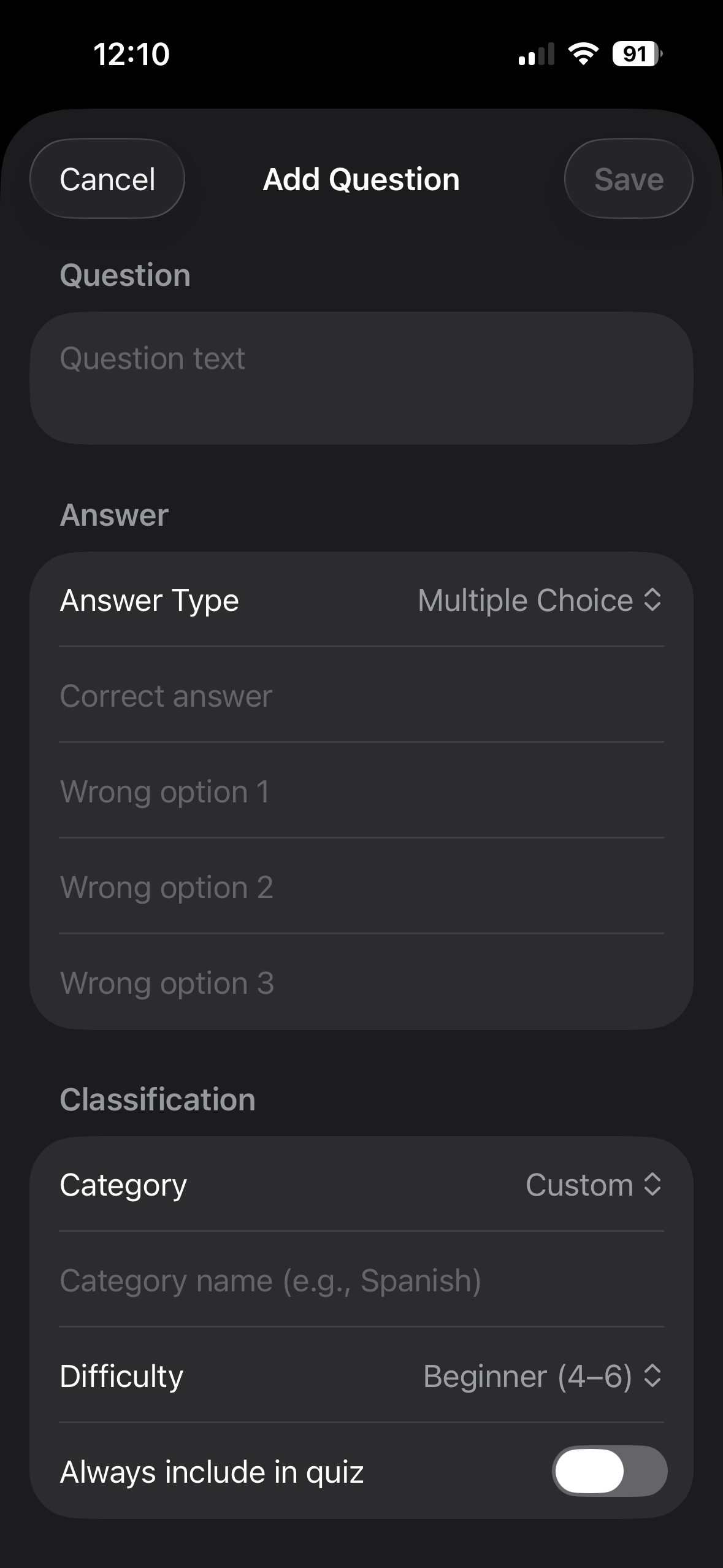 Add Question form with question text, multiple-choice answers, category, and difficulty.
